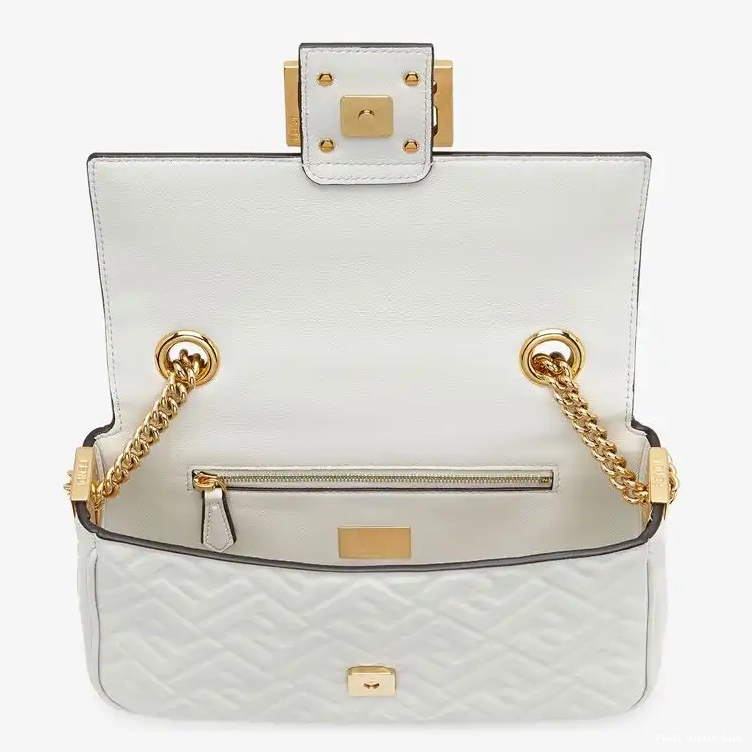 Affordable Fendi Bag White In Midi Baguette Nappa FF Leather Motif Chain 0525